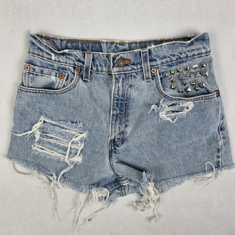 Vintage 90s Levis Shorts Womens 7 27 Distressed Studded Custom Made 550 Made USA